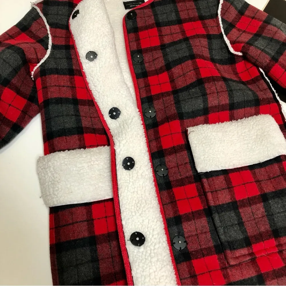 Fleece Coat Red & Black Buffalo Plaid Check Shearling Jacket sz S - Image 4