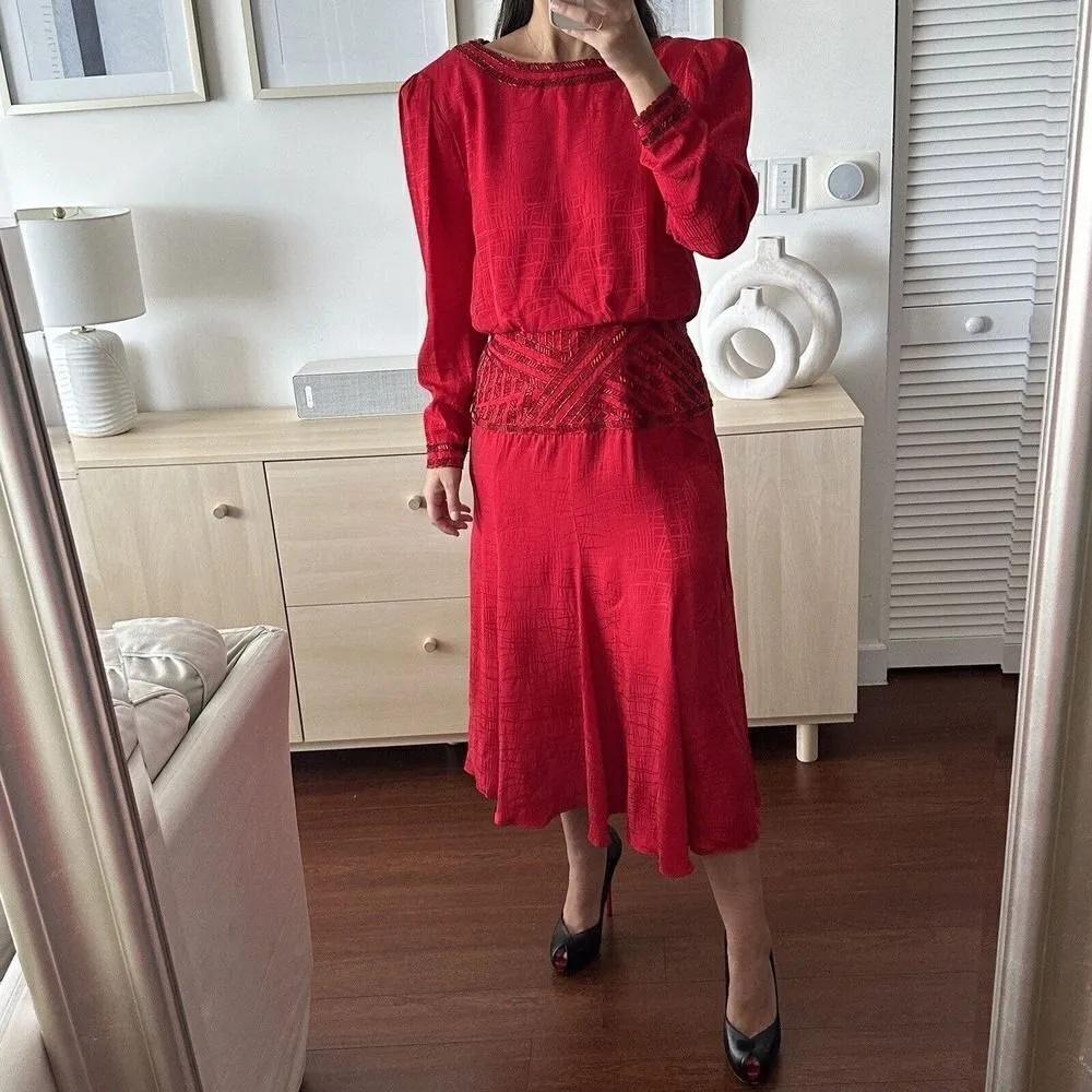 Vintage Silk Dress Womens 10 Dore Beaded Midi Red Cocktail Evening Embellished Red - Image 12