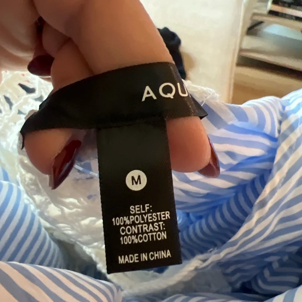 AQUA Blue White Stripe Crochet Lace Boho Tiered Dress Tassel Tie Size M - Image 8