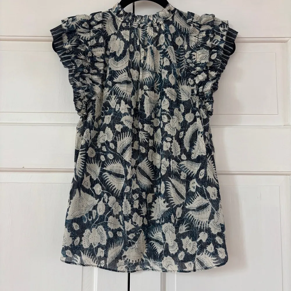 ULLA JOHNSON Dira Top Indigo Metallic Ruffle Size 0 Flutter Sleeve Tassel Tie - Image 11