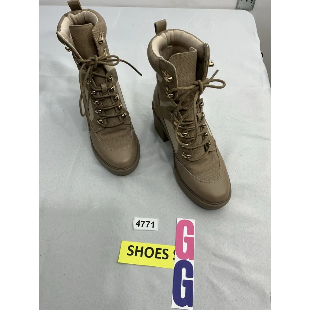 Womans Just Fab Edde Ankle Combat Boots 7.5 W Tan/beige Lace Up Chunky Heel - Image 2