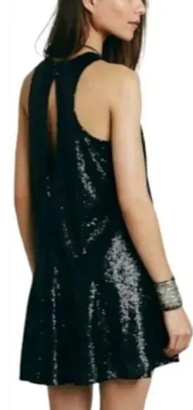 FREE PEOPLE Liquid Shine Black Sequin High Neck Cocktail mini dress Extra Small - Image 2