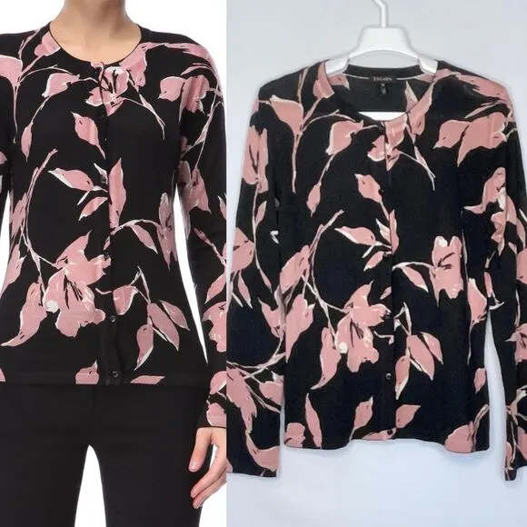 Escada Black Pink Floral Wool Silk Button Front Cardigan Size Medium - Image 2