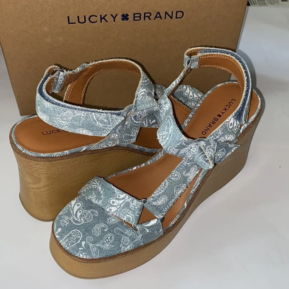 Lucky Brand sandals wedges Demmia acid denim hazy paisley NEW‎ size 10 mushrooms - Image 4