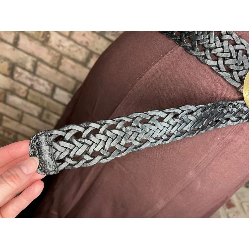 belt split leather black braided goldtone buckle stone western - Image 7