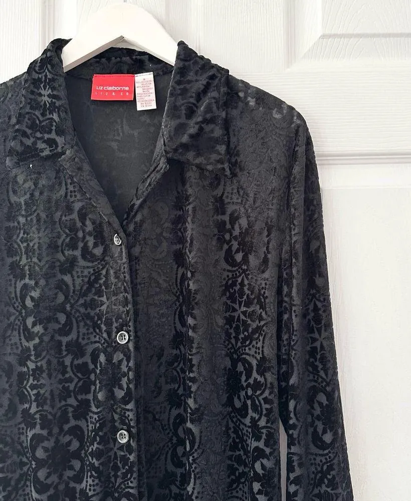 Liz Claiborne Vintage Black Burnout Velvet Paisley Button Tunic Blouse Small Y2K - Image 6