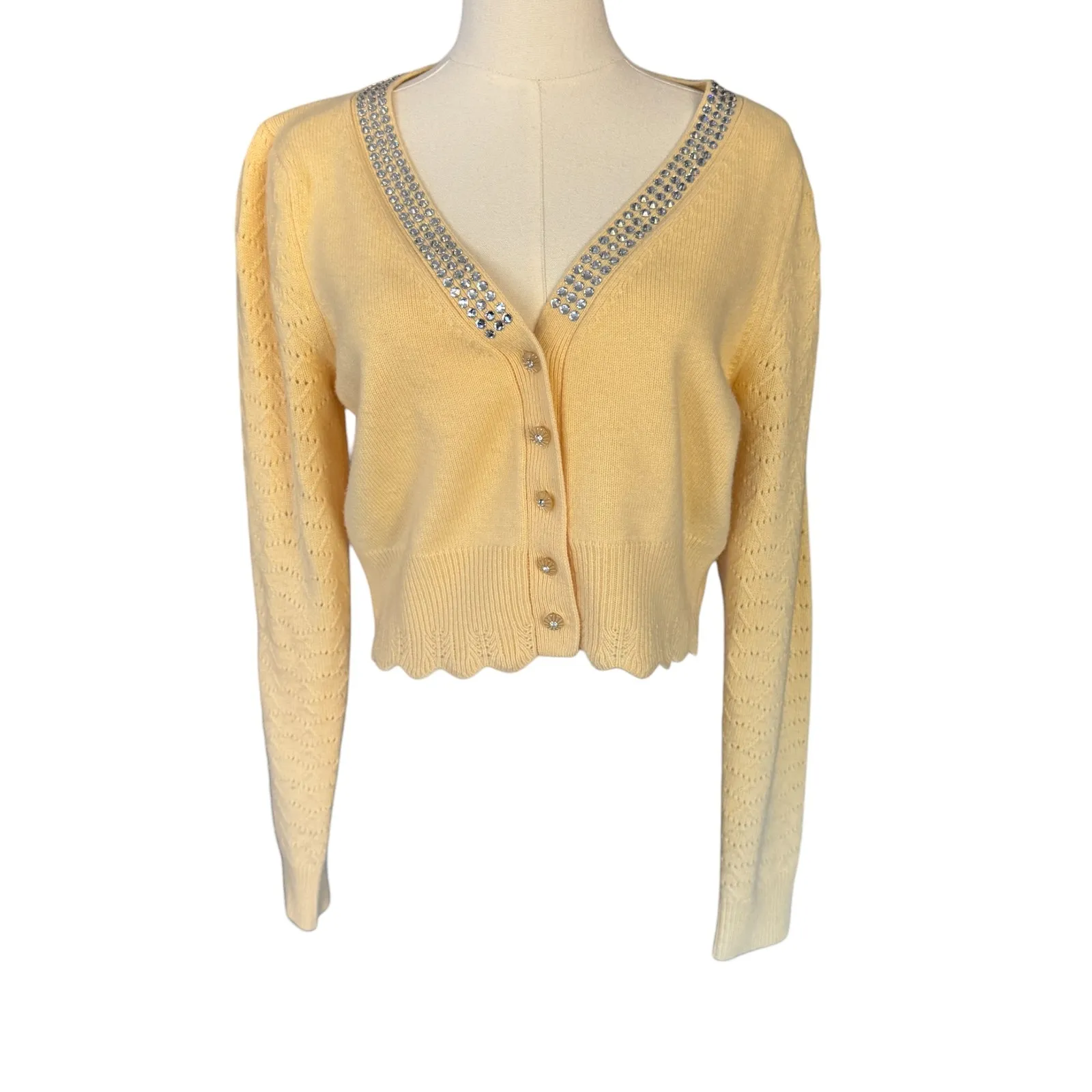 LoveShackFancy Brynner Wool Cashmere Cropped Cardigan Sweater‎ Yellow Medium - Image 4