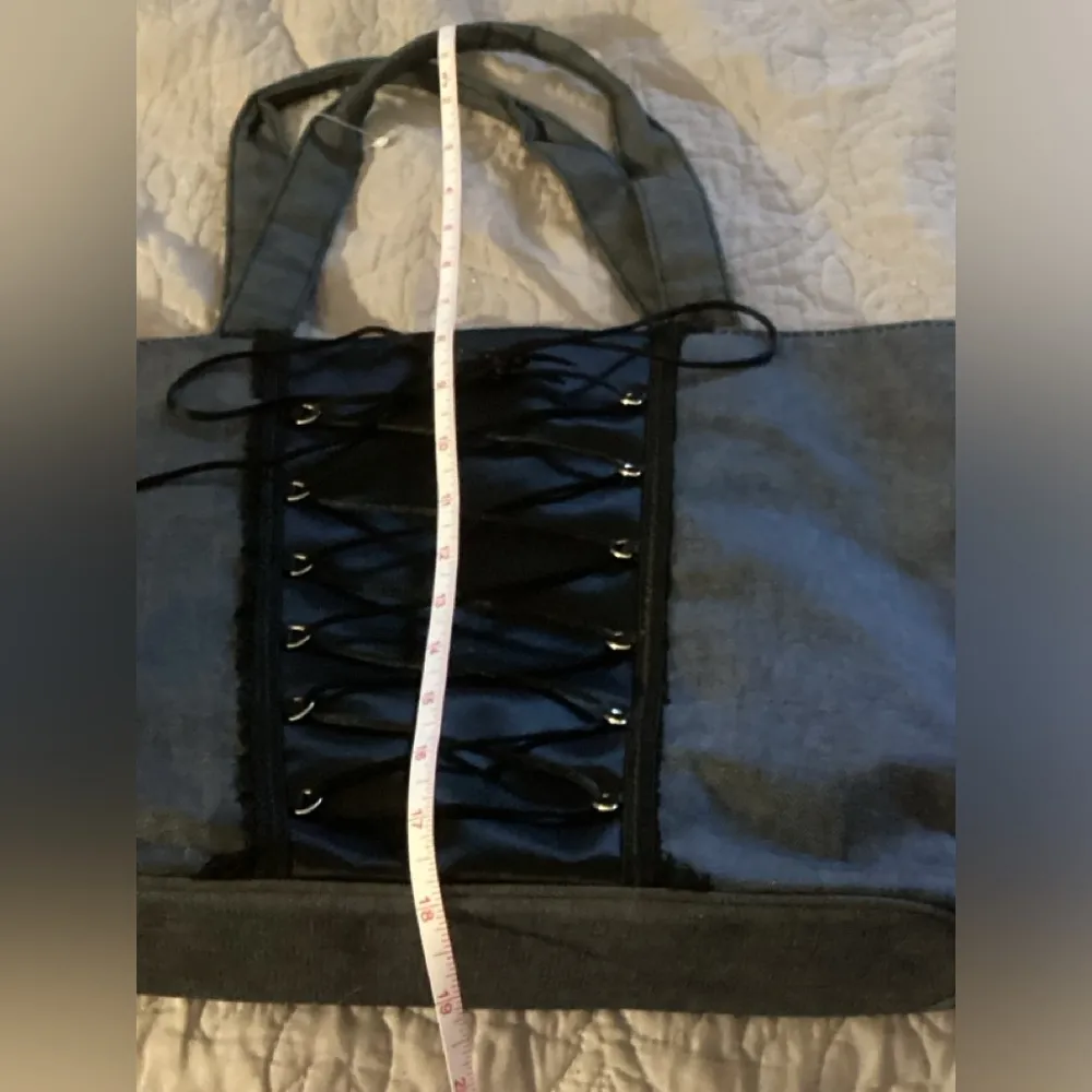 Victoria's Secret Dark Grey Denim Lace Corset Pink satin handbag purse tote bag Gray - Image 8