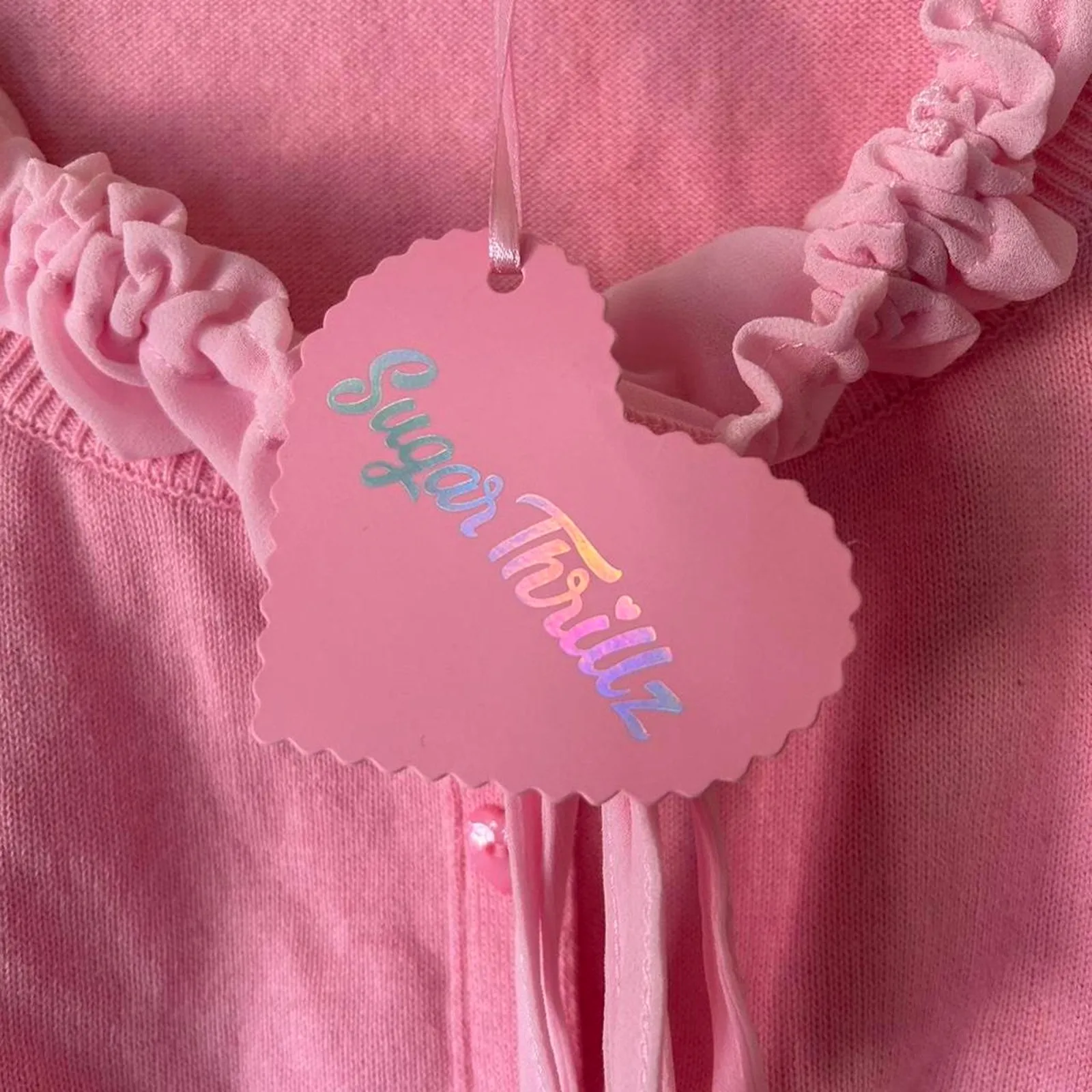 Dolls Kill Sugar Thrillz Pink No Players Here Sweater Top Milkmaid Fairycore S - Image 4