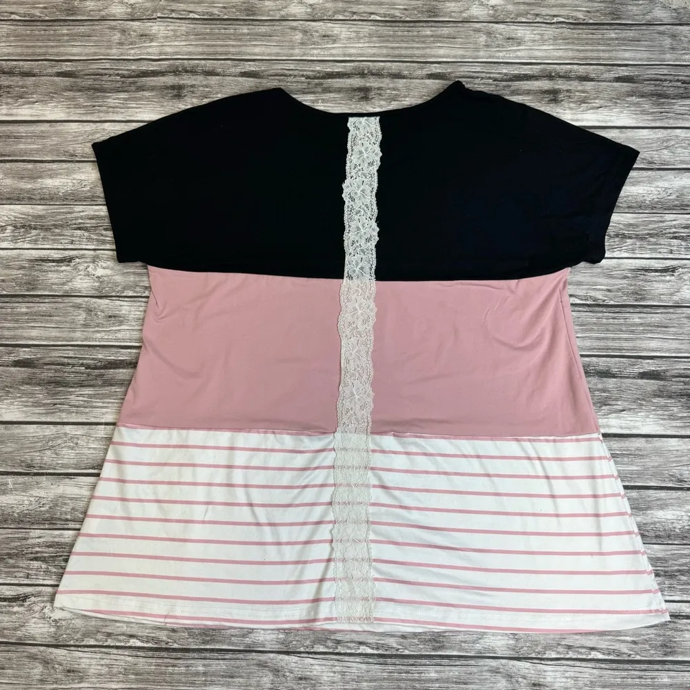 Shein Curve Women's Casual T Tee Shirt Colorblock Black White Baby Pink 1XL Lace - Image 13