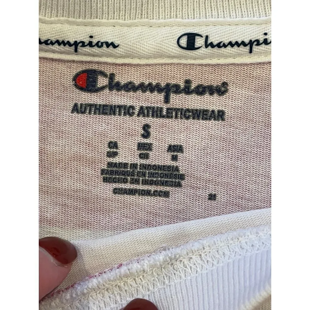 Champion Pink And White‎ Striped Crew Neck Pullover Cropped Sweatshirt Size S - Image 7