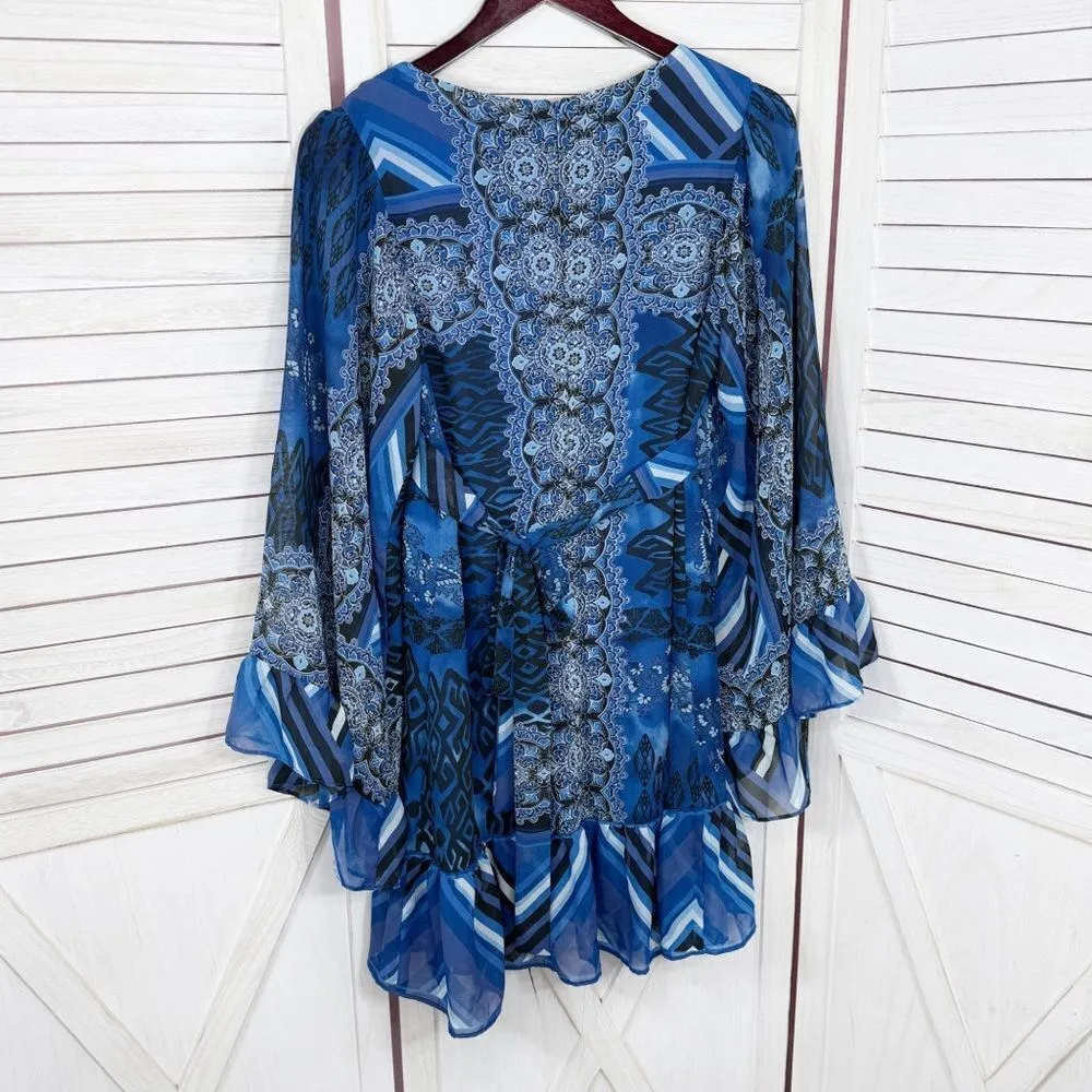 Betsey Johnson Boho Mixed Print Dress‎ Tiered Bell Sleeve Tie Back Blue 4 - Image 10