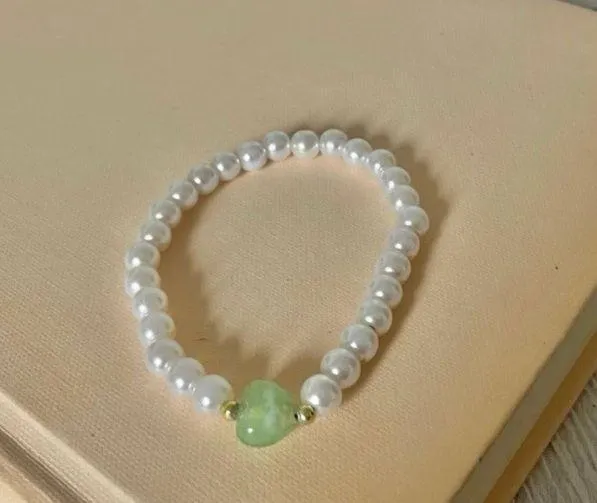 Handmade Green Pearl Bracelet “Noemi” Glass Bead Tactile Elastic Boho - Image 4