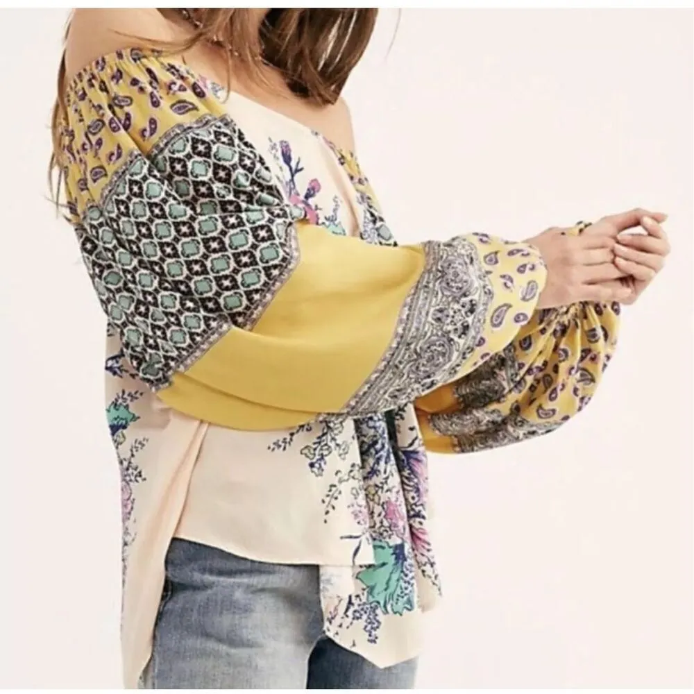 Free People Positano Printed Silky Mix Print Floral Off-Shoulder Boho Peasant Bl - Image 14