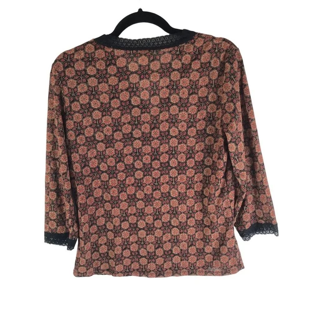 J. Jill Womens Floral Cardigan Lace Trim 3/4 Sleeve Geometric Red Black Size M - Image 2