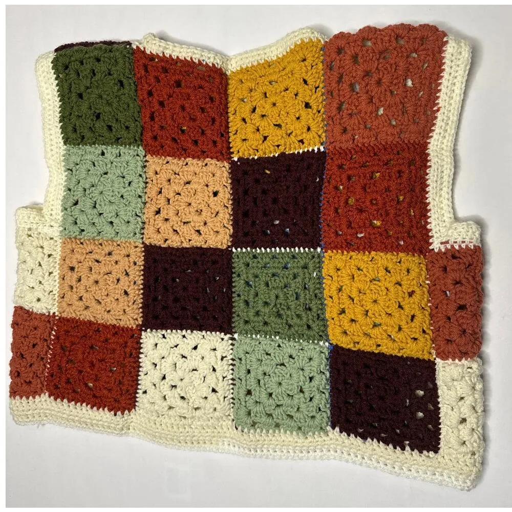 Vintage OOAK Handmade Crocheted Patchwork Hippie crop Vest Multicolor medium Brown - Image 11