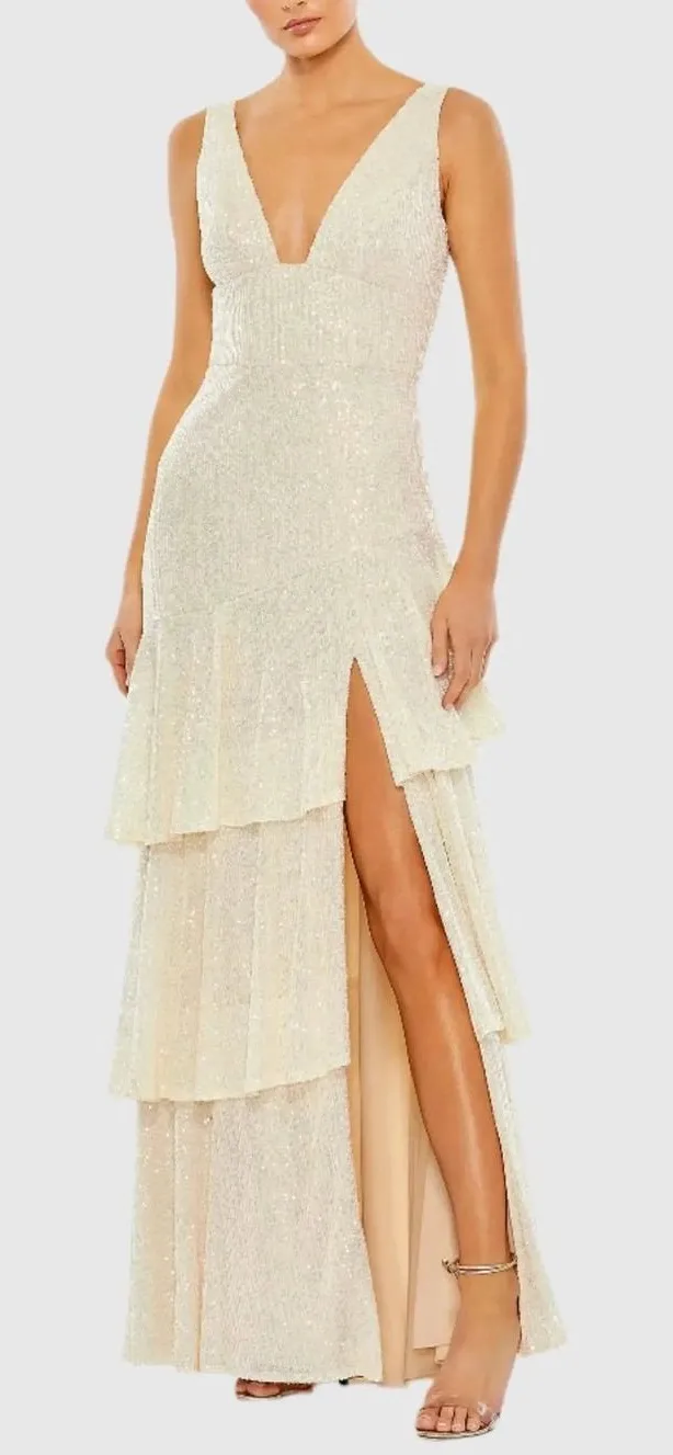 Mac Duggal Sequin Asymmetrical Ruffle Tiered Gown - Size 14 - Iridescent - NWT - Image 1