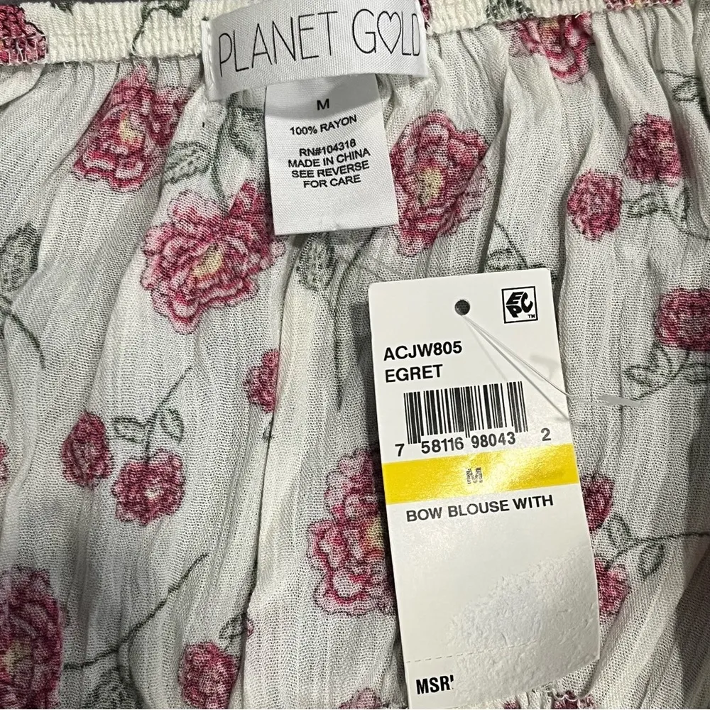 NWT Planet Gold White Floral Print Peplum Smocked Waist Bow Blouse Size Medium - Image 5