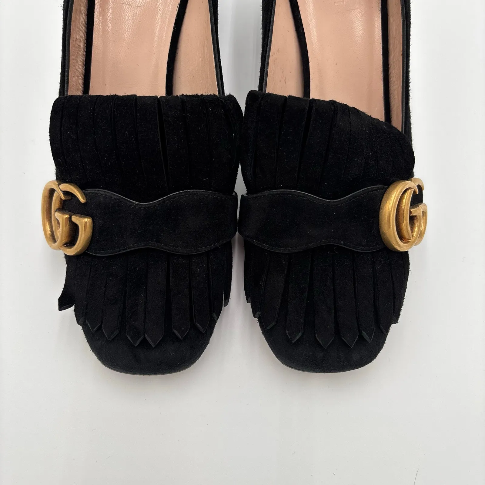Gucci Marmont GG Fringe Kiltie Block Mid Heel Loafer Pumps Black Suede Size 37 - Image 4