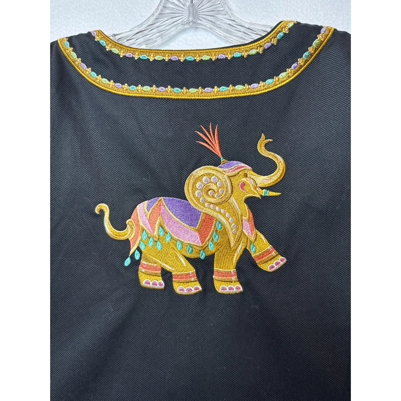 Bob Mackie wearable art black coat embroidered Elephants gold logo buttons large - Image 6