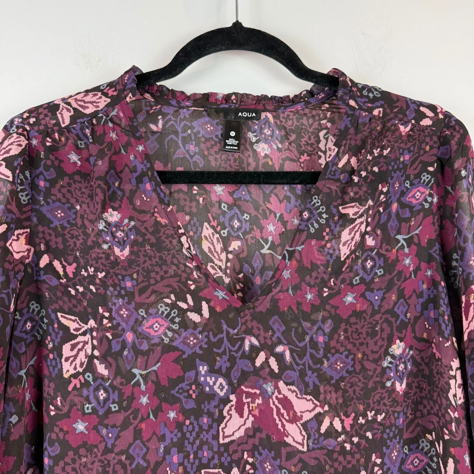 Aqua Top Women's Medium Purple Floral‎ Sheer V-Neck Puff Sleeve Blouse Bohemian - Image 2
