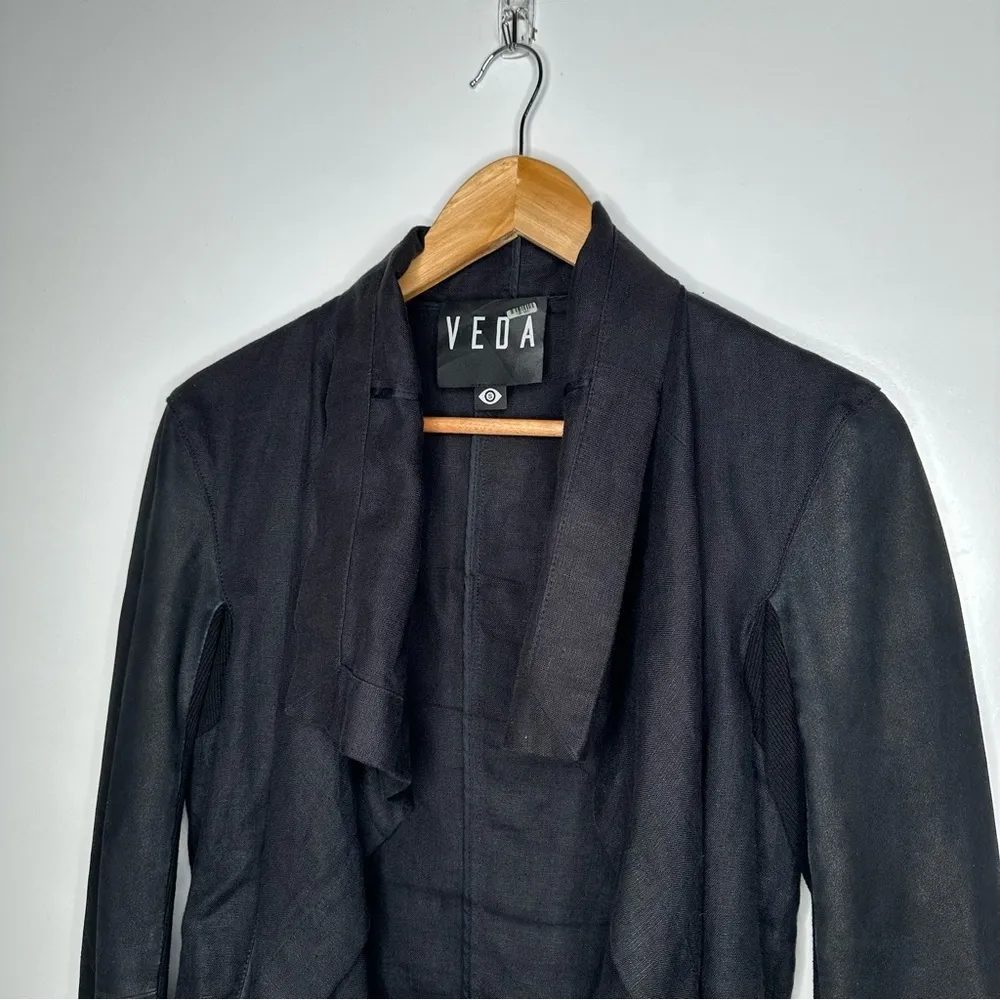 VEDA Black Linen and Goat Leather Open Drape Front Jacket Size Small - Image 4