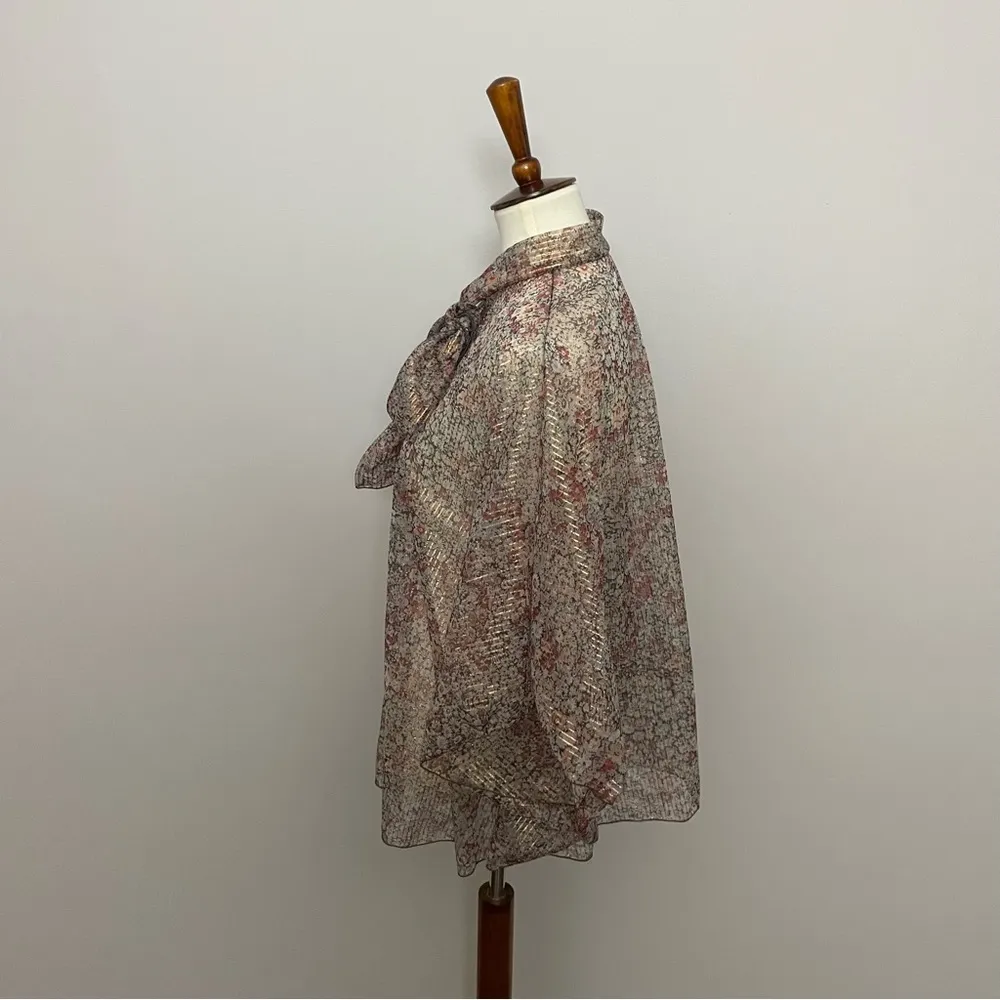 Vintage Mademoiselle Top Blouse Floral Striped Sheer Tie Neck Pink Black Gold Size M - Image 7