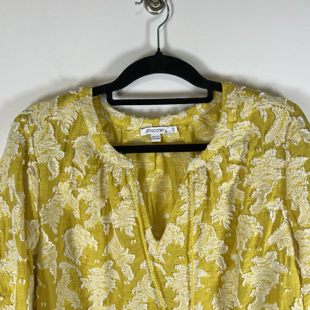 Chicos Shirt‎ Top Womens 14 Yellow Floral Textured Blouse Tassel Boho Boxy - Image 2
