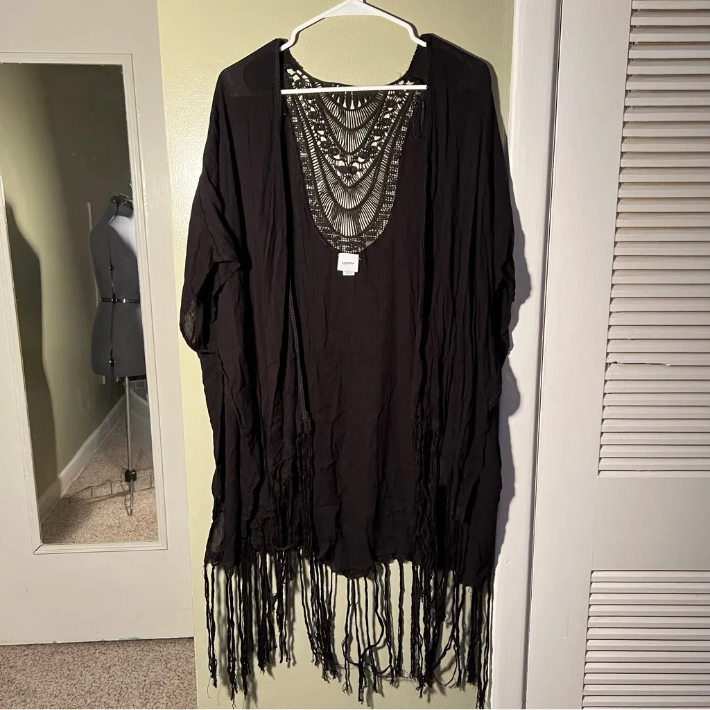 Sonoma Crochet Back Fringe Ruana Cover Up Black OS - Image 3