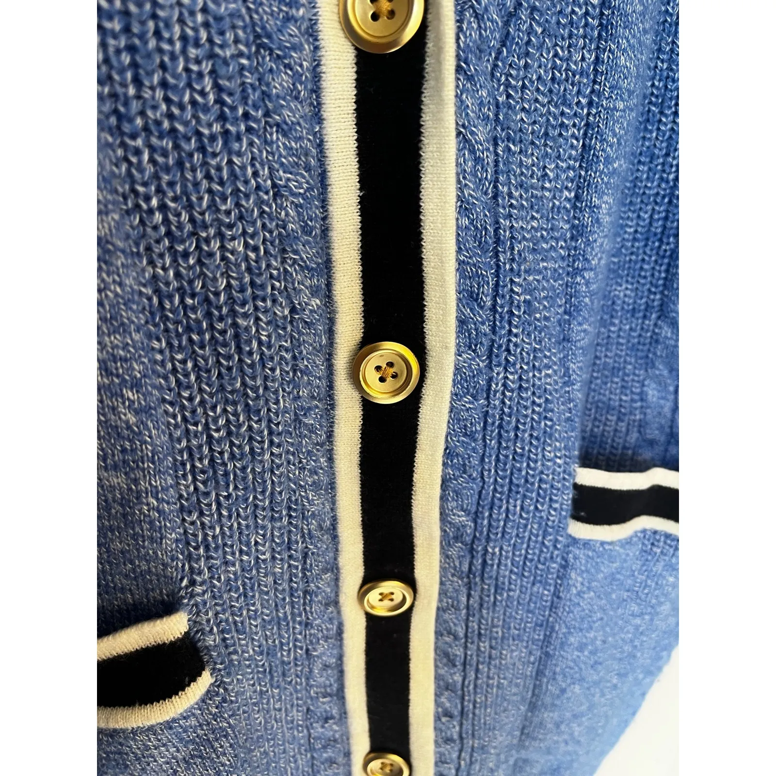 Talbots Cable Knit Cardigan - Tipped Cotton Blend Blue Tenniscore sz. Mp - Image 6