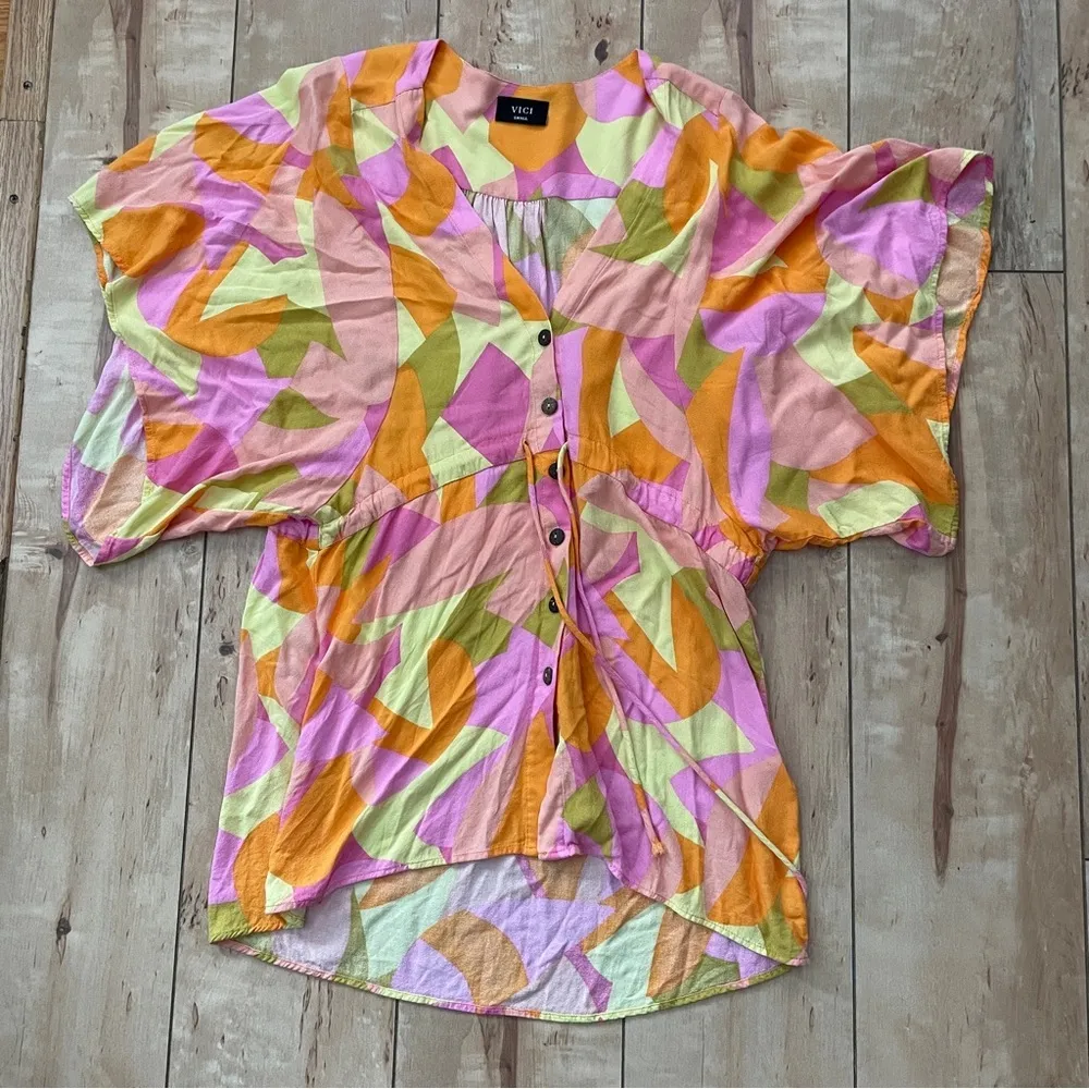 Vici Collection Mini Kimono Dress W Tie Waist & Buttons Women’s S Multi Colors - Image 2