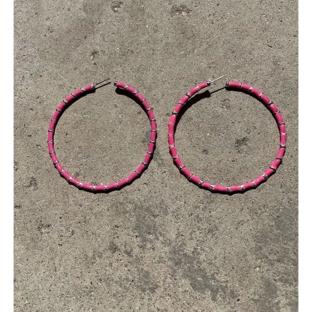 Vintage Large Hot Pink Silver Women’s Sz 8” Hoop Pierced Earrings Quality - Image 9