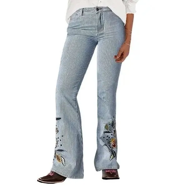 Flamingals Striped Embroidered Flare Jeans Light Blue 16 - Image 12