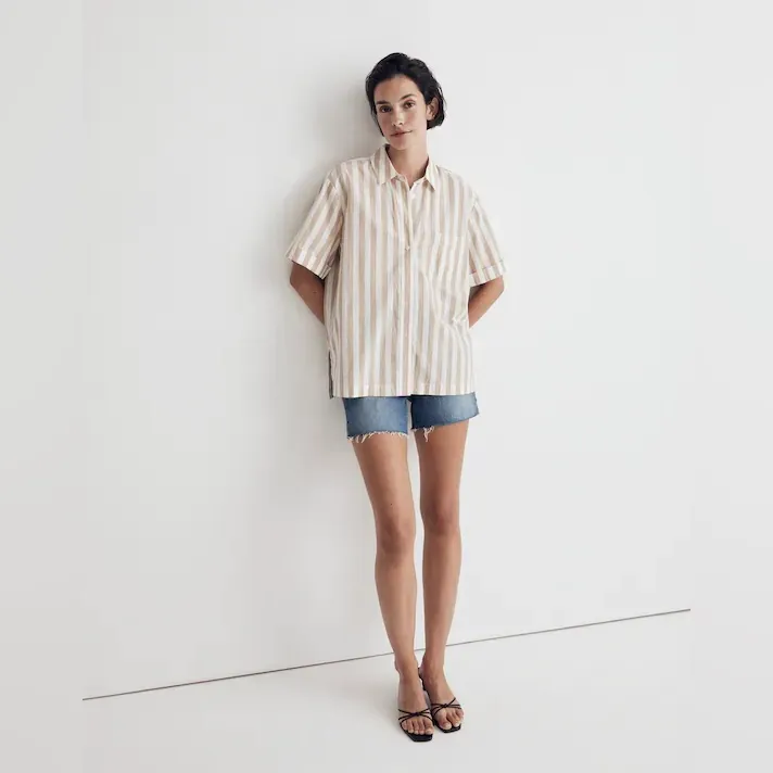 Madewell Signature Poplin Short Sleeve Button Up Shirt Seed Khaki Stripe Medium - Image 6