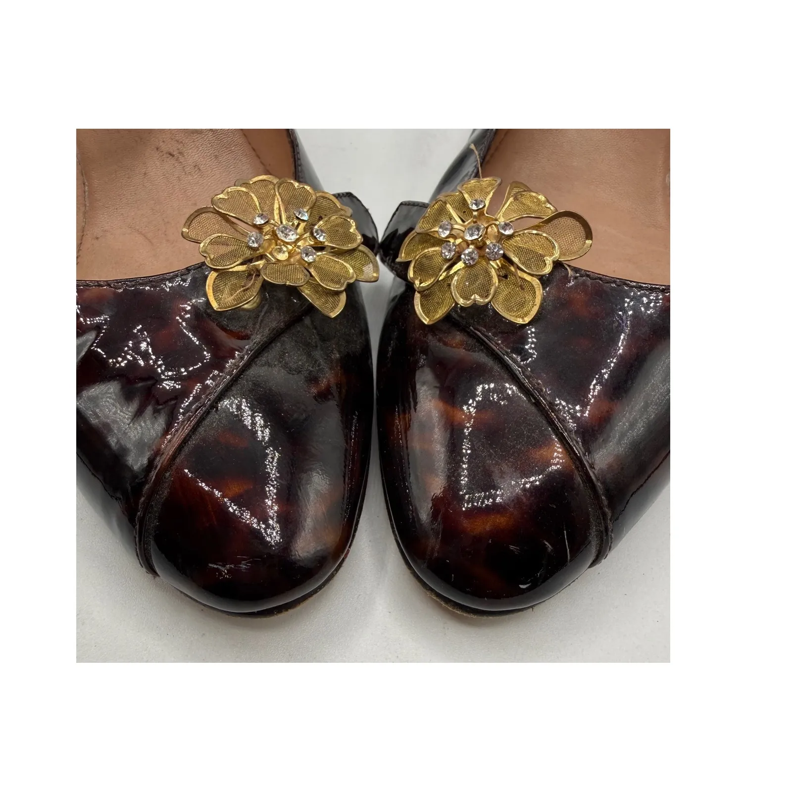 ANYI Lu Women 7 Floral Tortoise Shell Patent Leather Mary Jane Heels Vintage Brown - Image 3