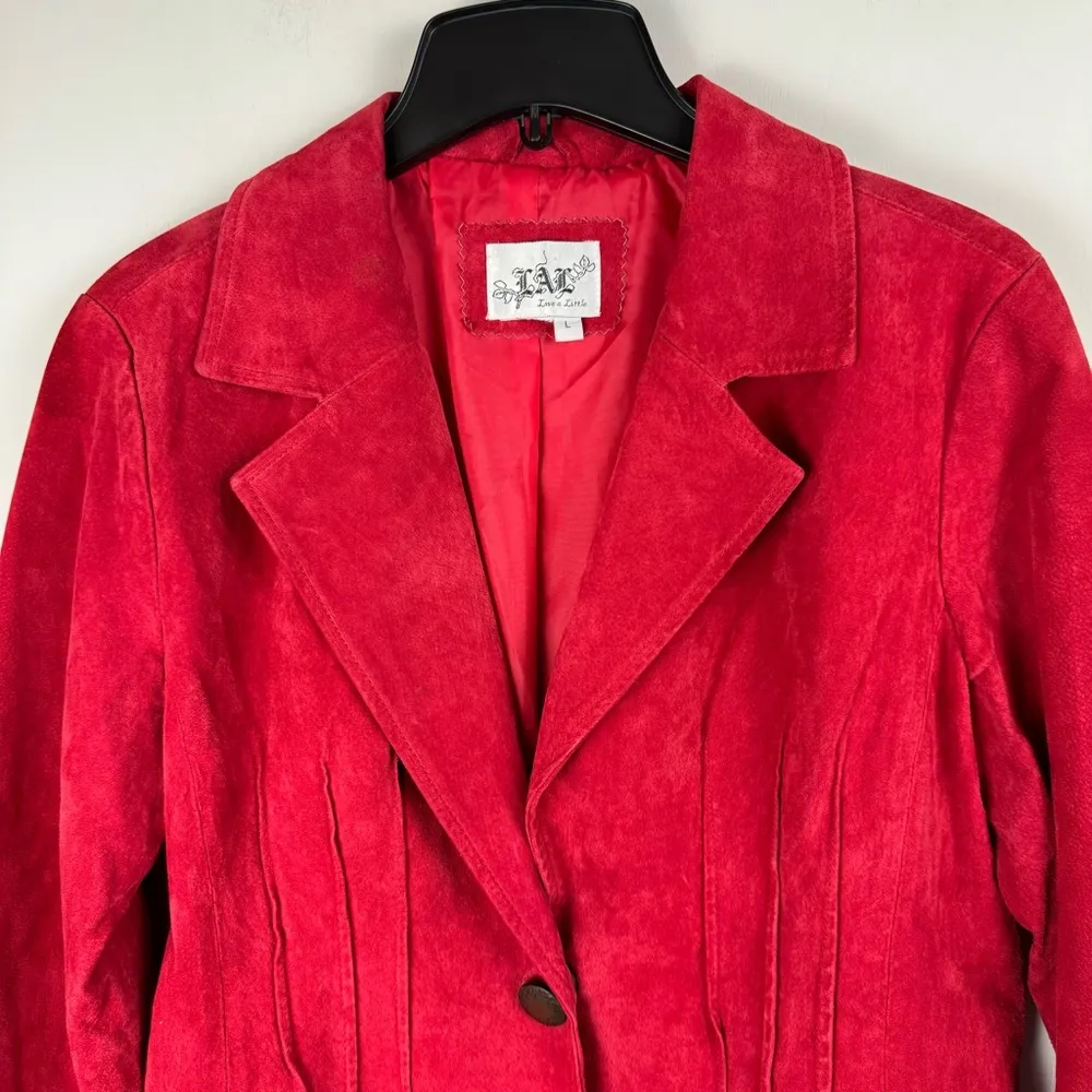 Y2K Red Suede Leather Western Chic Jacket Sz Large Corset Seam Moto - Image 3