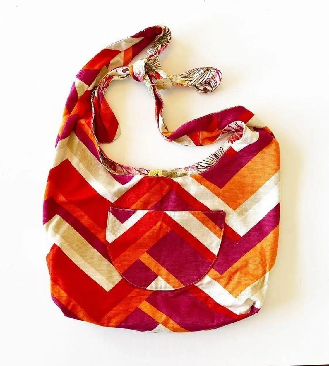 Handmade Reversible Floral And Chevron Sling Bag Hobo Tote - Image 5