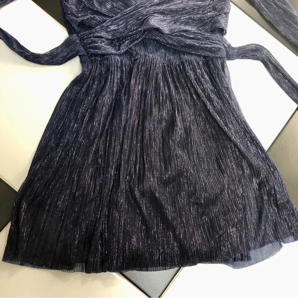 Sabina Musayev Adriana Mini Dress Semi-Sheer Metallic Long Sleeve Purple Blue L - Image 7