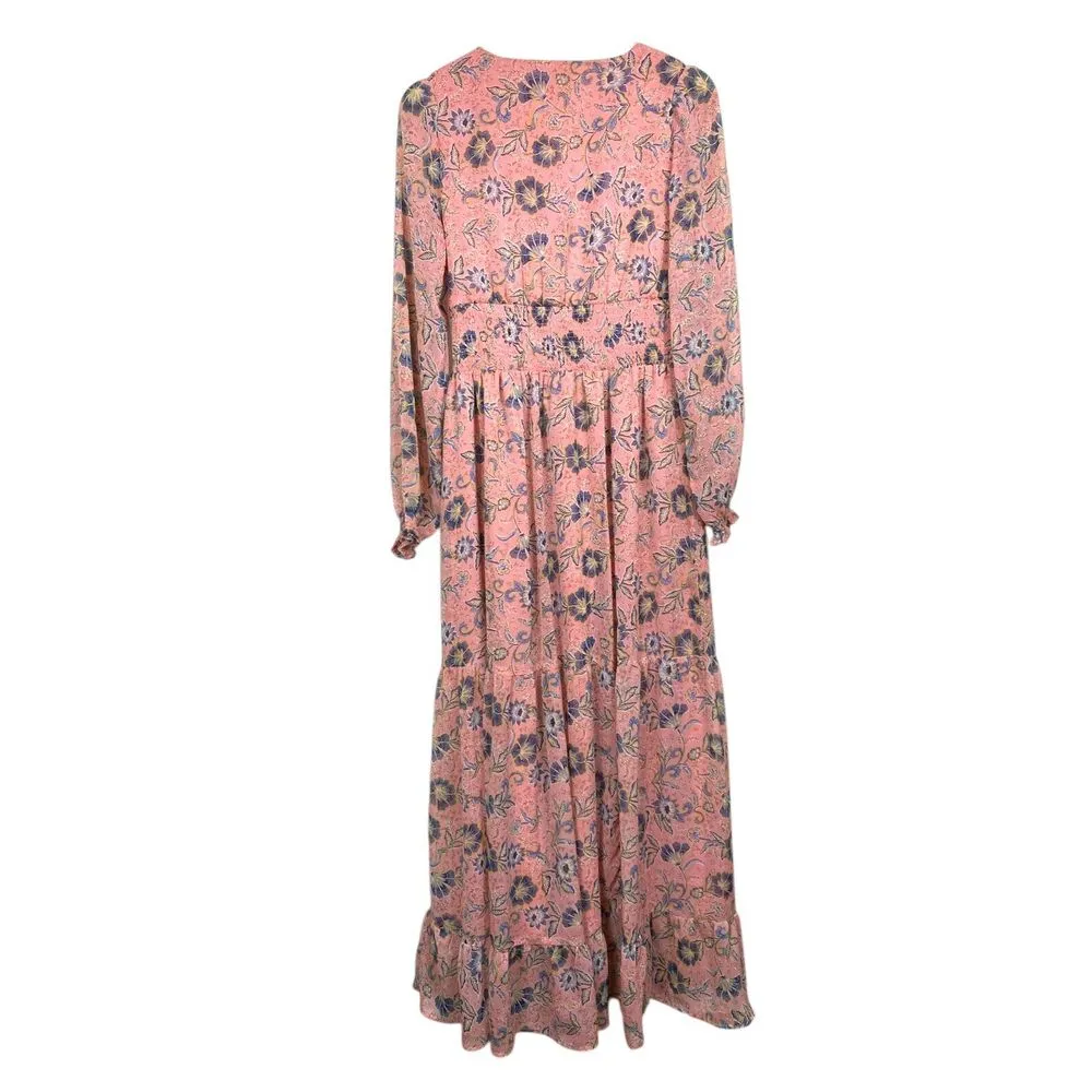 Patrons of Peace Maxi Dress M Floral Pink Boho Smocked Cottagecore Puff Sleeve - Image 3