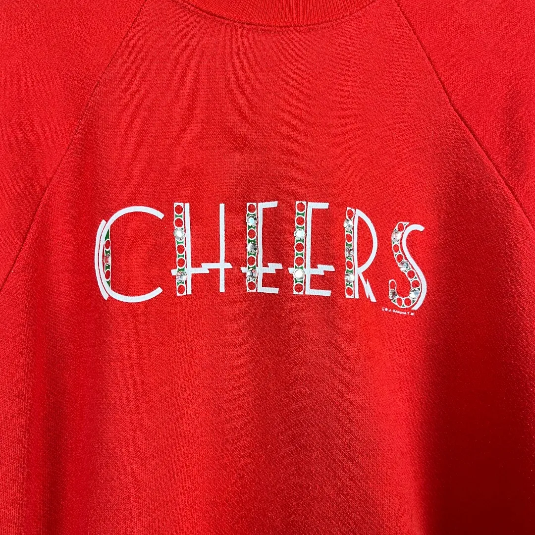 Vintage 80s 90s Red Long Sleeve Pullover Red Graphic Cheers Sweatshirt Holiday L - Image 3