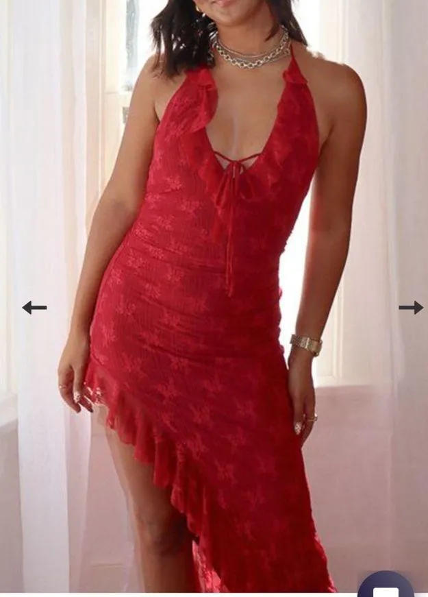 Red long lace ruffle maxi dress - Image 4