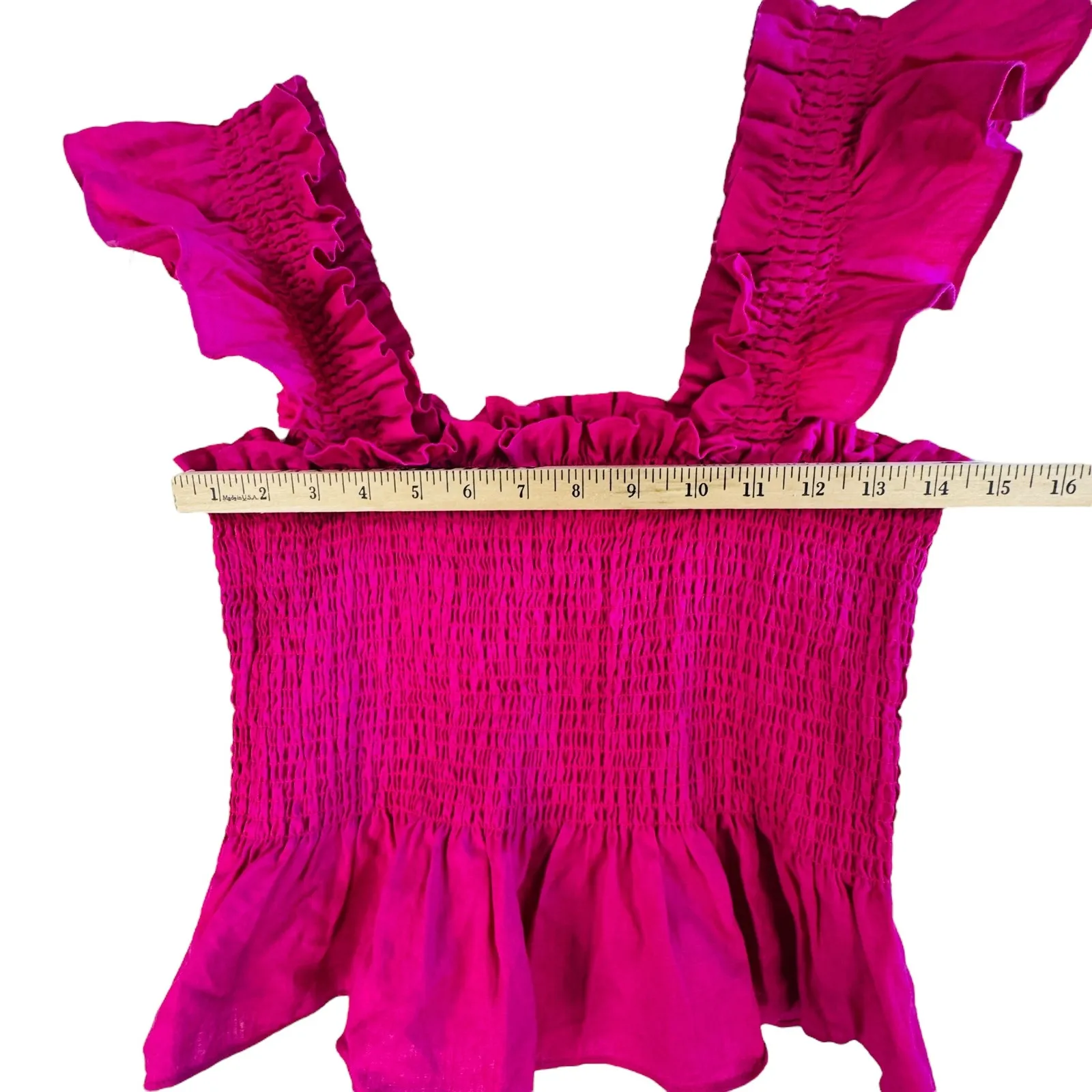 Hill House Home 100% Linen Smocked Ruffle Peplum Top M Hot Pink Fuchsia Coquette - Image 5