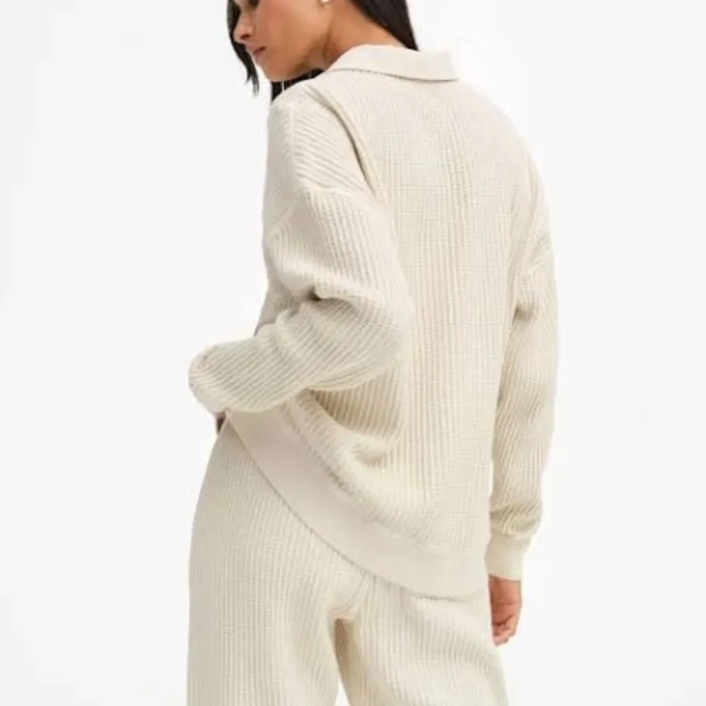 Mate the Label Organic Waffle Collared Half-Zip Sweatshirt in Bone, Size X-Small - Image 5