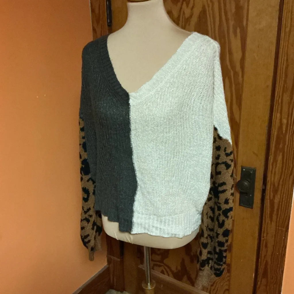 Blu Pepper V neck split color n leopard cropped Beachy sweater - Image 7