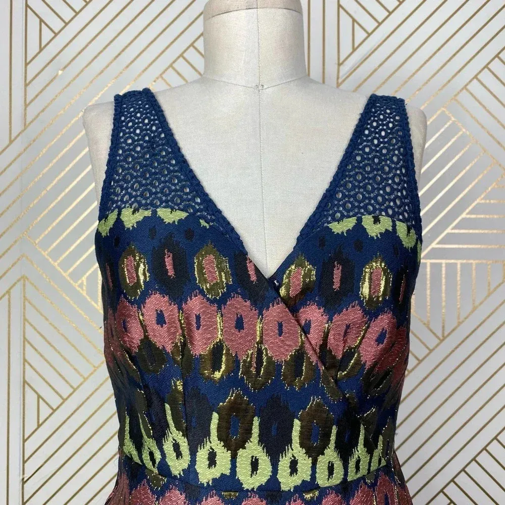 Anthropologie HD in Paris Yana Jacquard Top Blouse‎ Peplum Metallic Blue Size 2 - Image 4