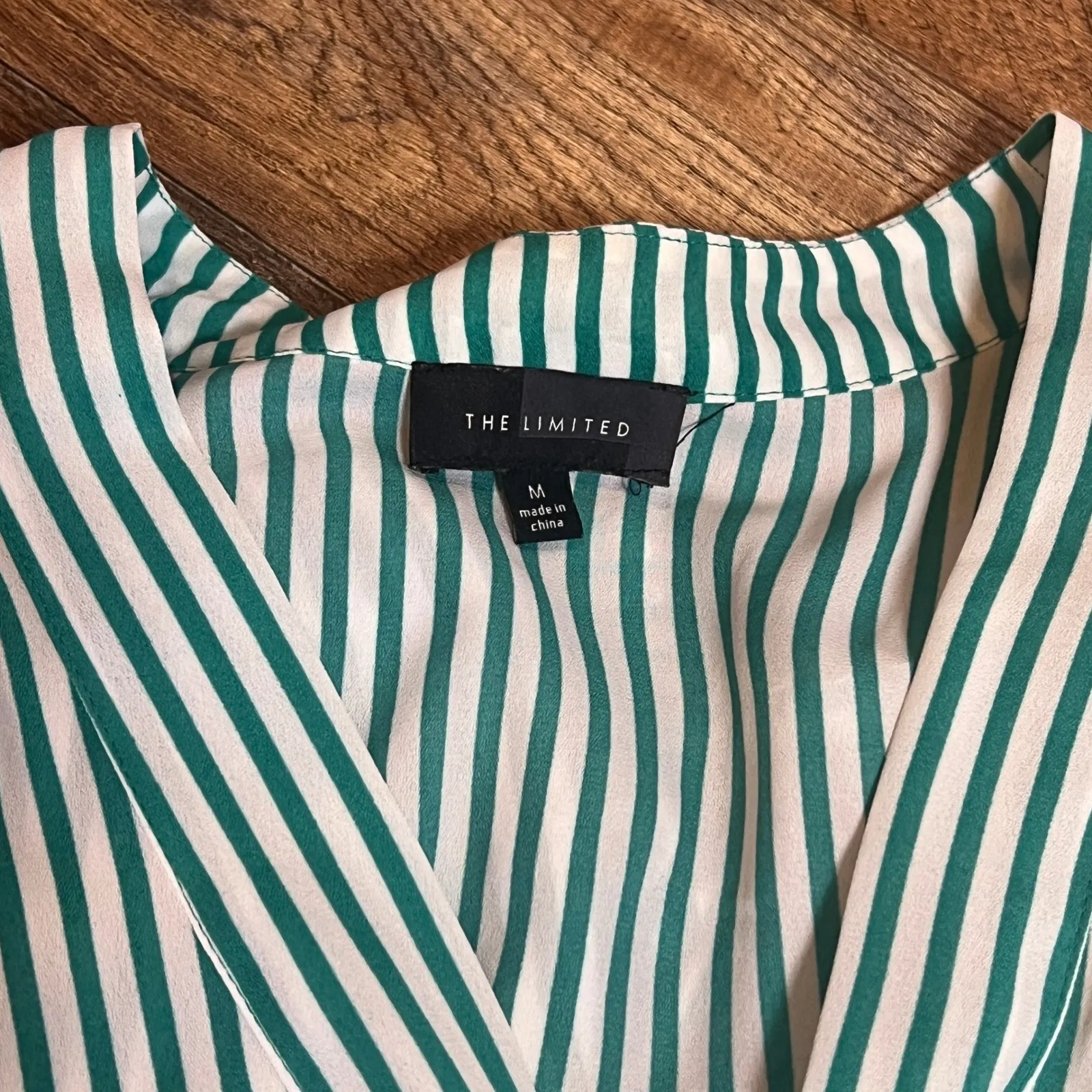 The Limited Green & White Striped Tie-Neck Blouse Size M - Image 4