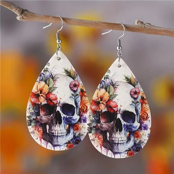 Halloween Flower Skull Pattern PU Leather Reversible Drop Earrings, New! White - Image 2