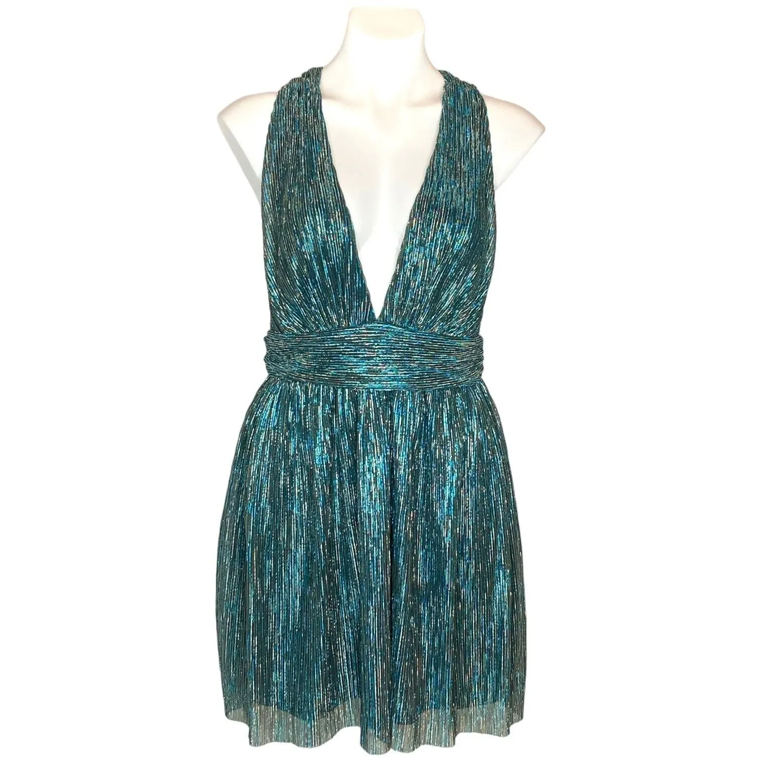 New LULUS Ailey Metallic Teal‎ Twist Back Skater Dress Womens Size L Mini Party Blue Size L - Image 11