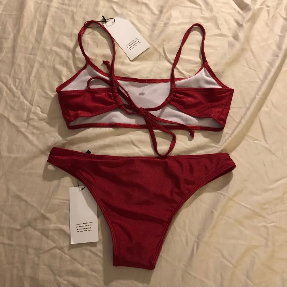 Basic Swim Crimson Shimmery Red Bikini Top & Bottom Size M - Image 11