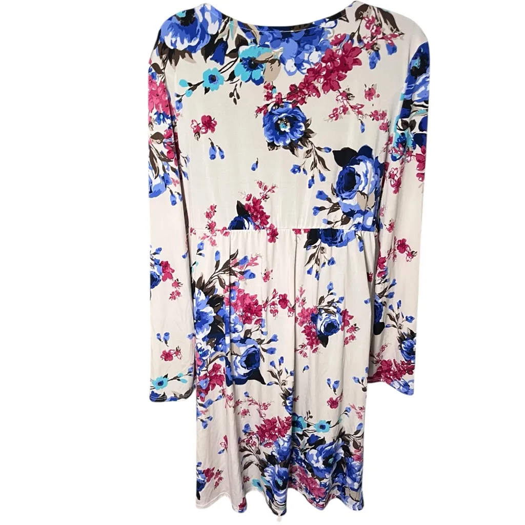 PinkBlush Floral Faux Wrap Maternity Dress Stretch Long Sleeve Beige Blue M/L - Image 2